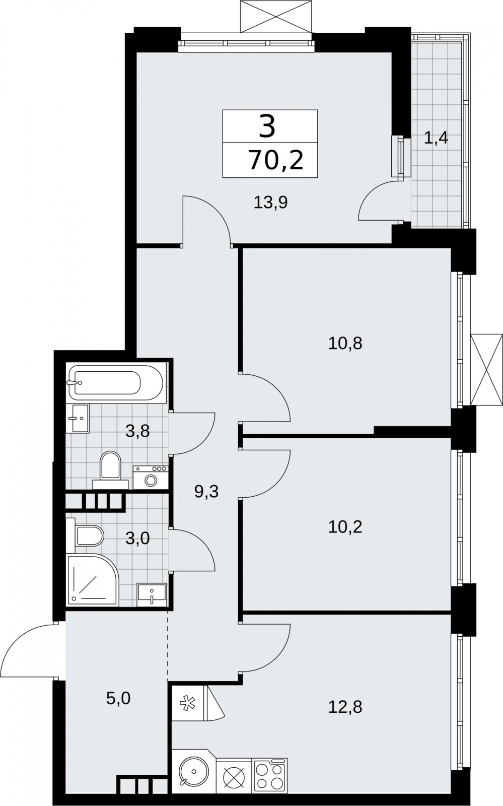 3-комнатная квартира с частичной отделкой, 70.2 м2, 8 этаж, сдача 2 квартал 2026 г., ЖК Бунинские кварталы, корпус 5.1 - объявление 2297231 - фото №1