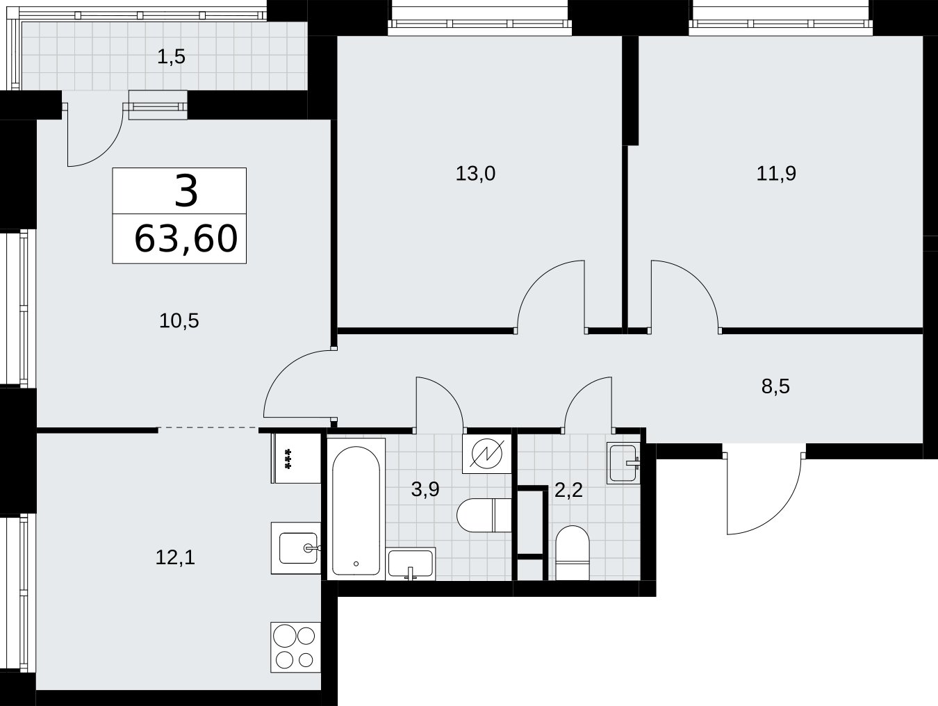 3-комнатная квартира без отделки, 63.6 м2, 5 этаж, сдача 3 квартал 2026 г., ЖК Родные кварталы, корпус 3.1 - объявление 2378330 - фото №1