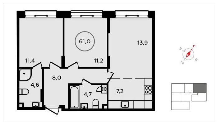 3-комнатная квартира (евро) без отделки, 61 м2, 2 этаж, сдача 3 квартал 2024 г., ЖК Скандинавия, корпус 2.22.2 - объявление 1625347 - фото №1