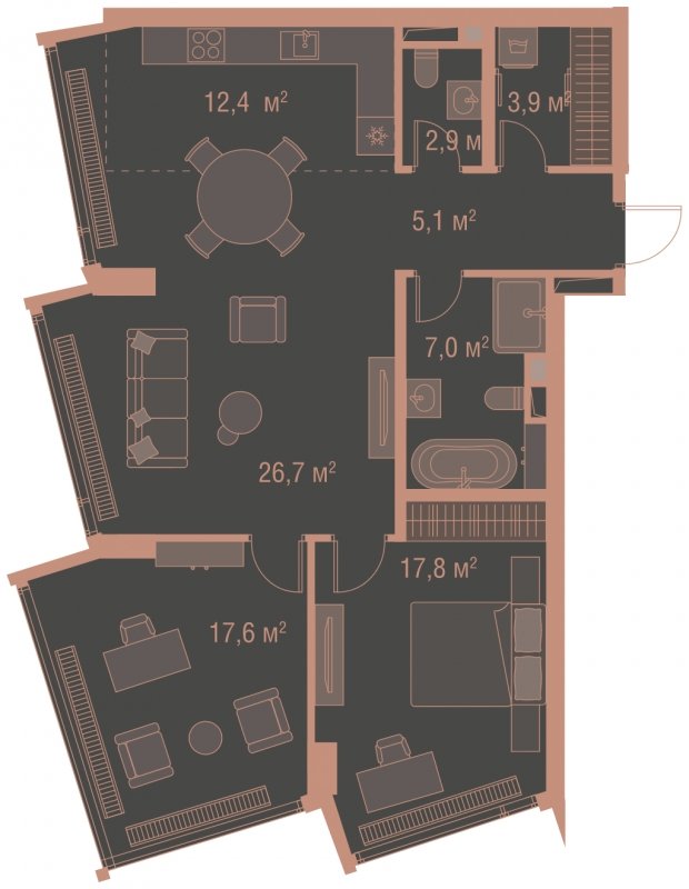 3-комнатная квартира без отделки, 93.4 м2, 4 этаж, сдача 1 квартал 2025 г., ЖК HIGH LIFE, корпус Heart Tower - объявление 1770937 - фото №1