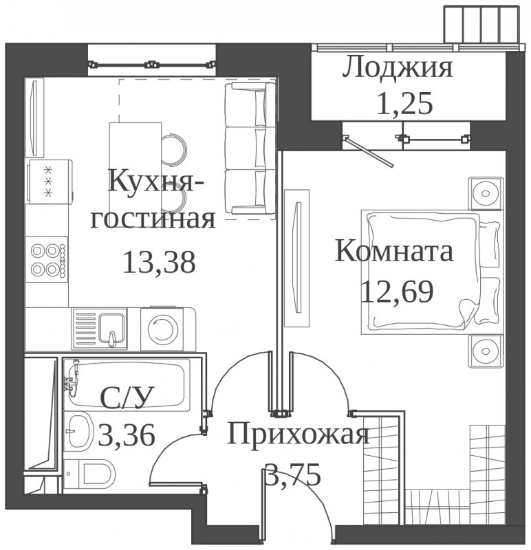 2-комнатная квартира (евро) с частичной отделкой, 34.43 м2, 4 этаж, сдача 2 квартал 2023 г., ЖК Аквилон Митино, корпус 4 - объявление 1651572 - фото №1