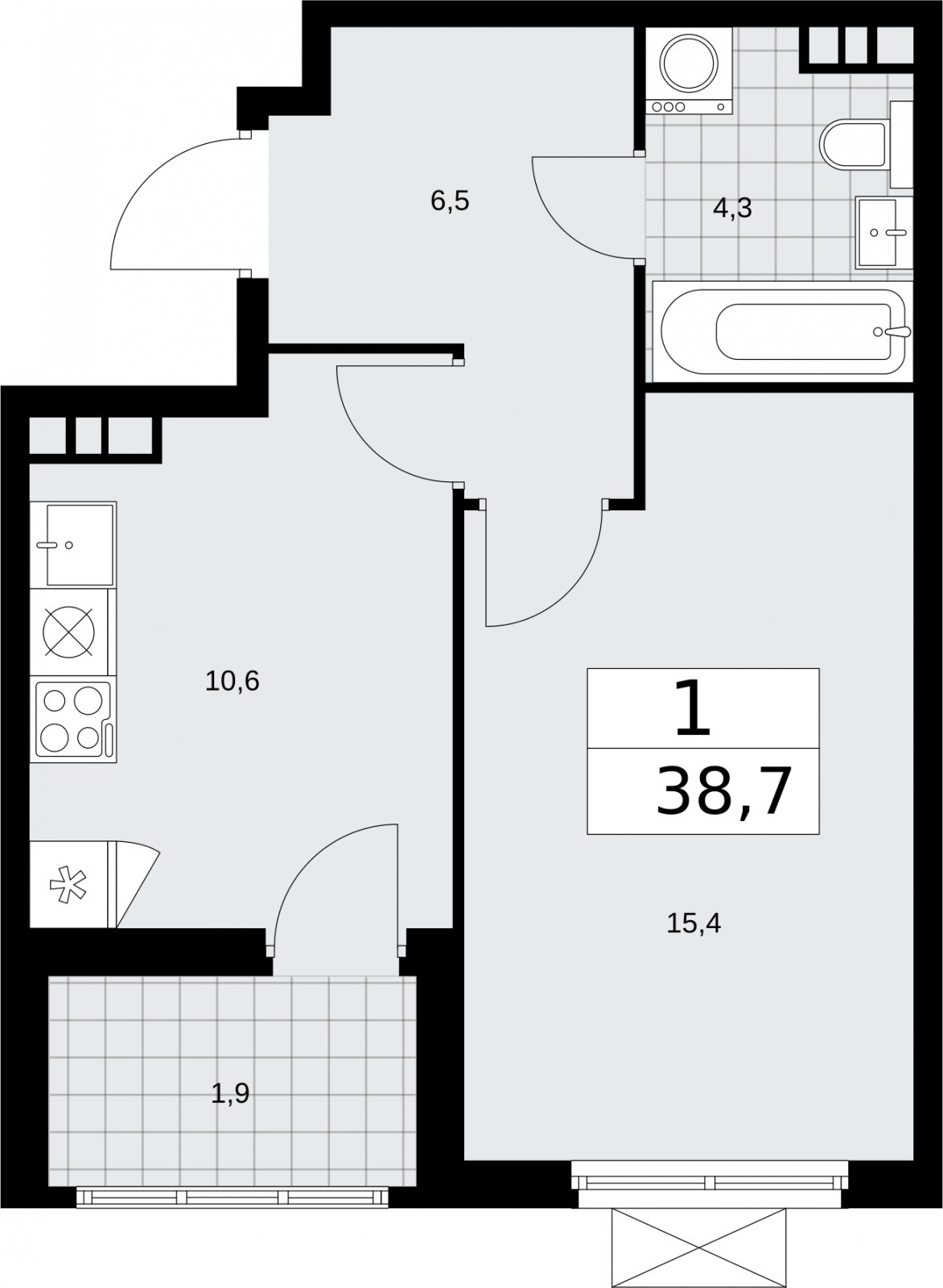 1-комнатная квартира без отделки, 38.7 м2, 10 этаж, сдача 2 квартал 2026 г., ЖК Бунинские кварталы, корпус 5.3 - объявление 2297576 - фото №1