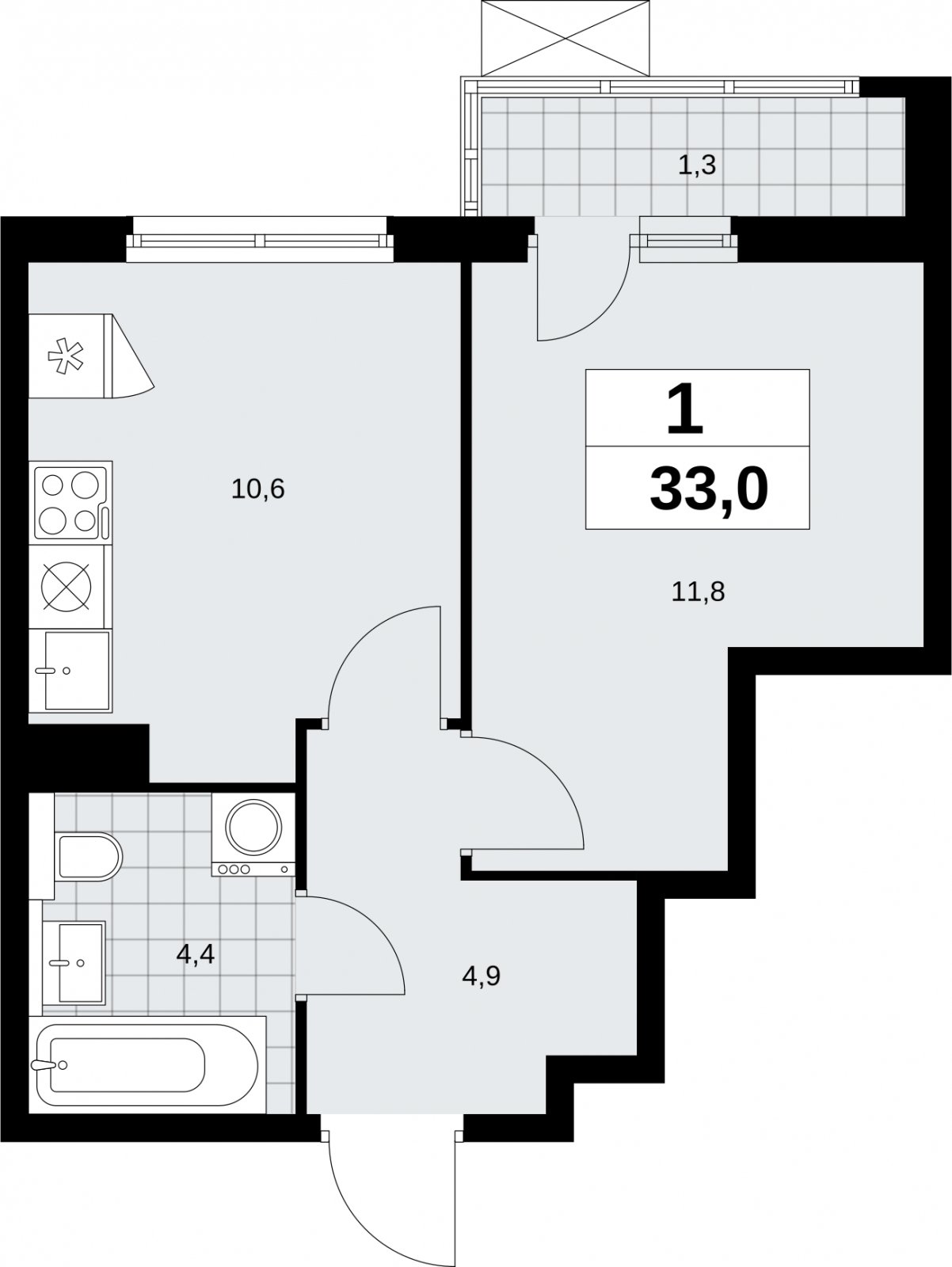 1-комнатная квартира без отделки, 33 м2, 6 этаж, сдача 2 квартал 2026 г., ЖК Бунинские кварталы, корпус 9.1 - объявление 2323562 - фото №1