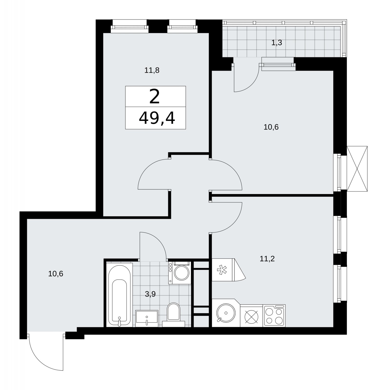 2-комнатная квартира без отделки, 49.4 м2, 13 этаж, сдача 1 квартал 2026 г., ЖК Скандинавия, корпус 37.2.2 - объявление 2254576 - фото №1