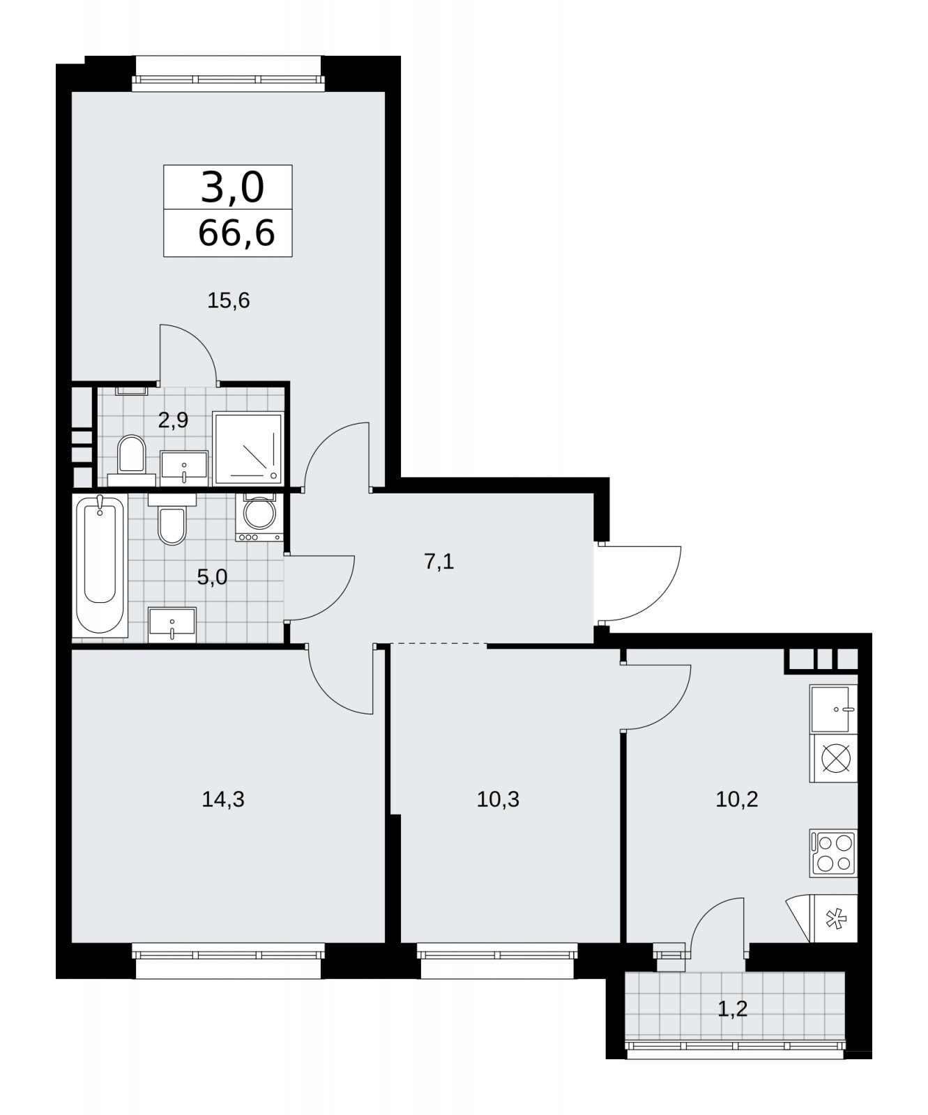 3-комнатная квартира без отделки, 66.6 м2, 6 этаж, сдача 1 квартал 2026 г., ЖК Дзен-кварталы, корпус 3.2 - объявление 2241489 - фото №1