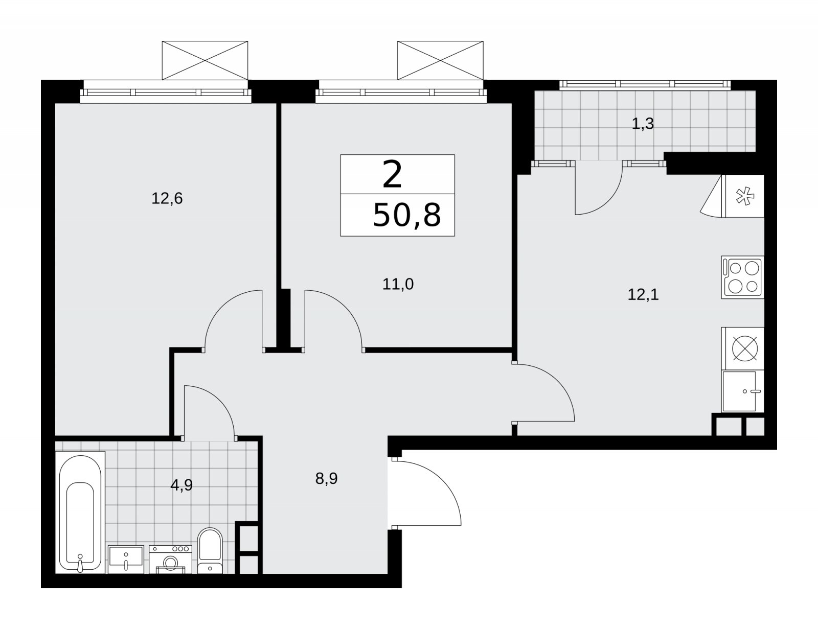 2-комнатная квартира без отделки, 50.8 м2, 14 этаж, сдача 1 квартал 2026 г., ЖК Деснаречье, корпус 4.1 - объявление 2263511 - фото №1