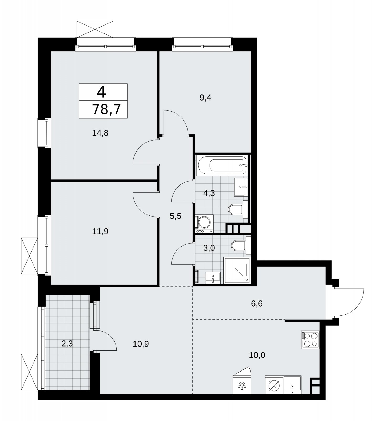 4-комнатная квартира (евро) с частичной отделкой, 78.7 м2, 3 этаж, сдача 2 квартал 2026 г., ЖК Скандинавия, корпус 25.2 - объявление 2283471 - фото №1