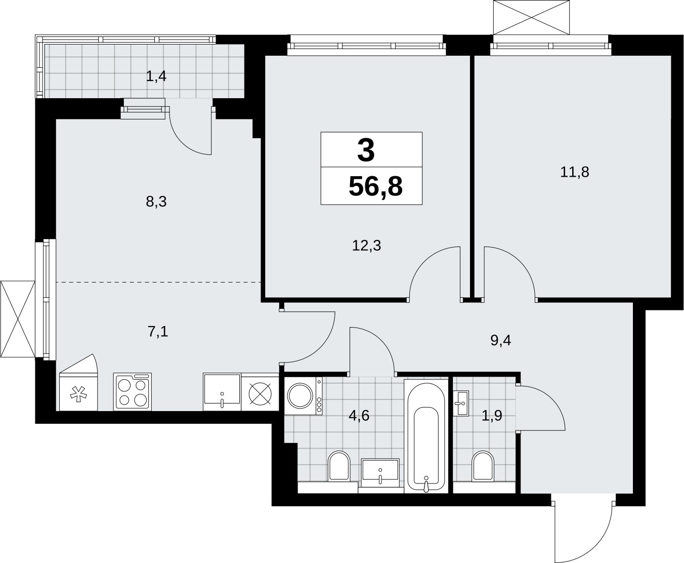 3-комнатная квартира (евро) без отделки, 56.8 м2, 2 этаж, сдача 2 квартал 2026 г., ЖК Бунинские кварталы, корпус 9.1 - объявление 2323469 - фото №1