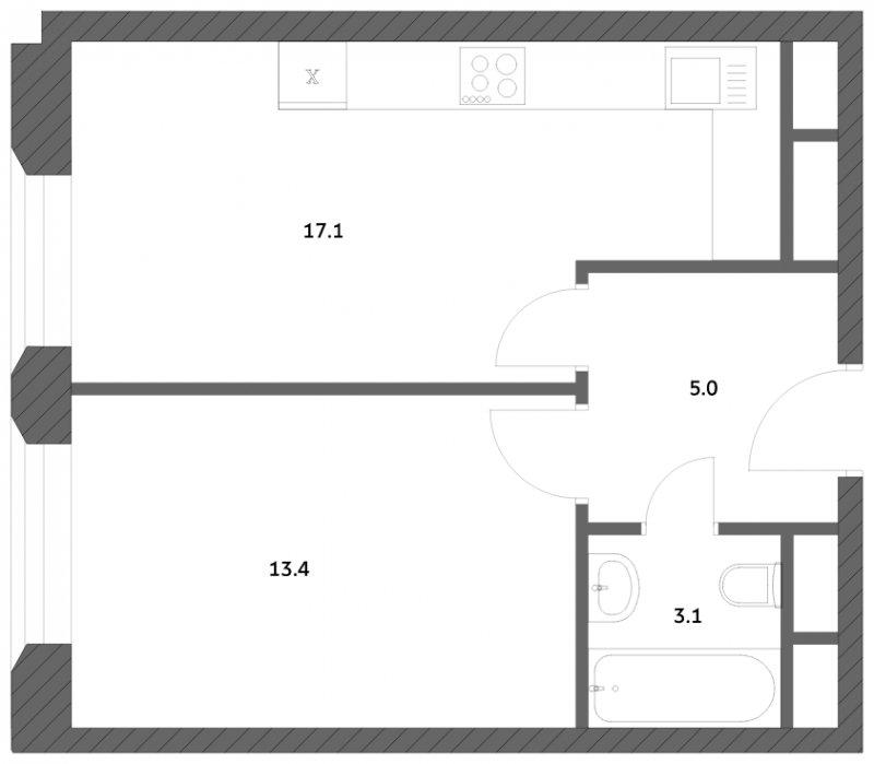 1-комнатная квартира с частичной отделкой, 38.54 м2, 5 этаж, сдача 4 квартал 2023 г., ЖК Городские истории, корпус 1 - объявление 1747467 - фото №1