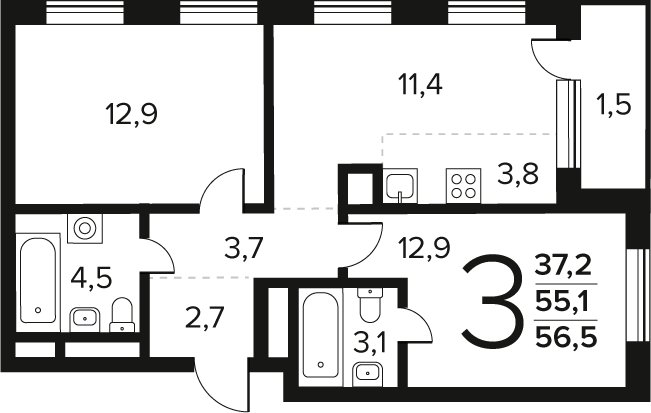 3-комнатная квартира (евро) без отделки, 56.5 м2, 9 этаж, сдача 4 квартал 2027 г., ЖК Новые Ватутинки. Заречный, корпус 6/2 - объявление 2458807 - фото №1