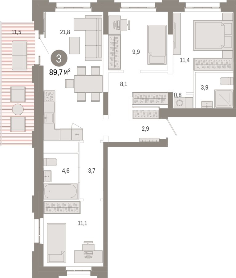3-комнатная квартира с частичной отделкой, 89.7 м2, 2 этаж, сдача 3 квартал 2026 г., ЖК Квартал Метроном, корпус 1 - объявление 2331048 - фото №1