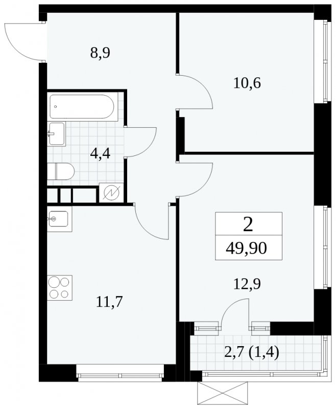 2-комнатная квартира без отделки, 49.9 м2, 8 этаж, сдача 1 квартал 2025 г., ЖК Прокшино, корпус 5.2.4 - объявление 1900752 - фото №1