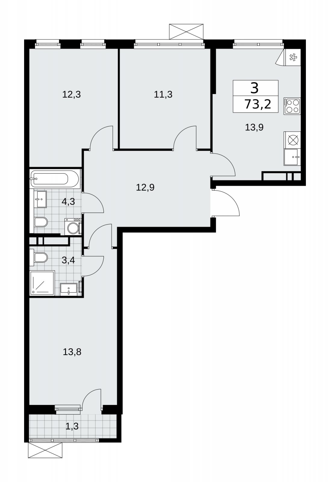 3-комнатная квартира с частичной отделкой, 73.2 м2, 10 этаж, сдача 2 квартал 2026 г., ЖК Прокшино, корпус 11.2.3 - объявление 2270305 - фото №1