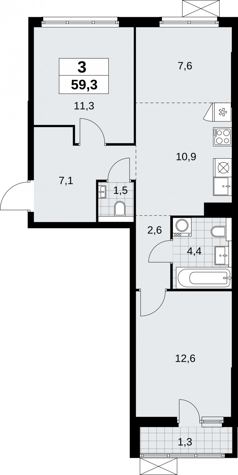 3-комнатная квартира (евро) без отделки, 59.3 м2, 4 этаж, сдача 2 квартал 2026 г., ЖК Бунинские кварталы, корпус 9.1 - объявление 2323999 - фото №1