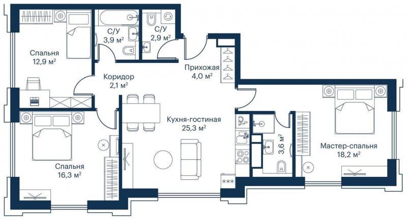 3-комнатная квартира с частичной отделкой, 89.6 м2, 10 этаж, сдача 2 квартал 2023 г., ЖК City Bay, корпус Indian Ocean 2 - объявление 1671593 - фото №1