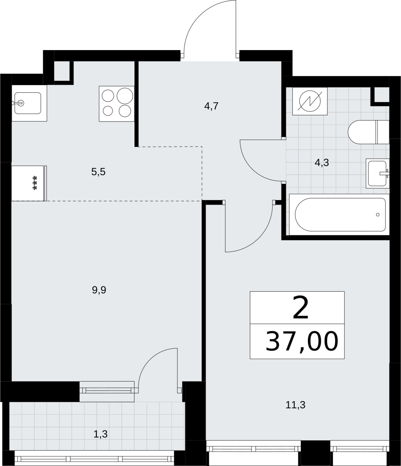 2-комнатная квартира (евро) без отделки, 37 м2, 2 этаж, сдача 3 квартал 2026 г., ЖК Родные кварталы, корпус 3.4 - объявление 2378643 - фото №1