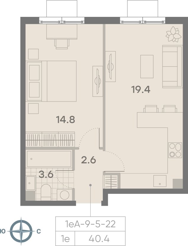 1-комнатная квартира 40.4 м2, 10 этаж, сдача 3 квартал 2025 г., ЖК Парксайд, корпус 1 - объявление 2184937 - фото №1