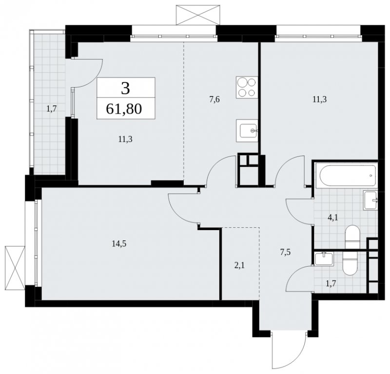 3-комнатная квартира (евро) с частичной отделкой, 61.8 м2, 9 этаж, сдача 4 квартал 2024 г., ЖК Скандинавия, корпус 35.1.2 - объявление 1779491 - фото №1