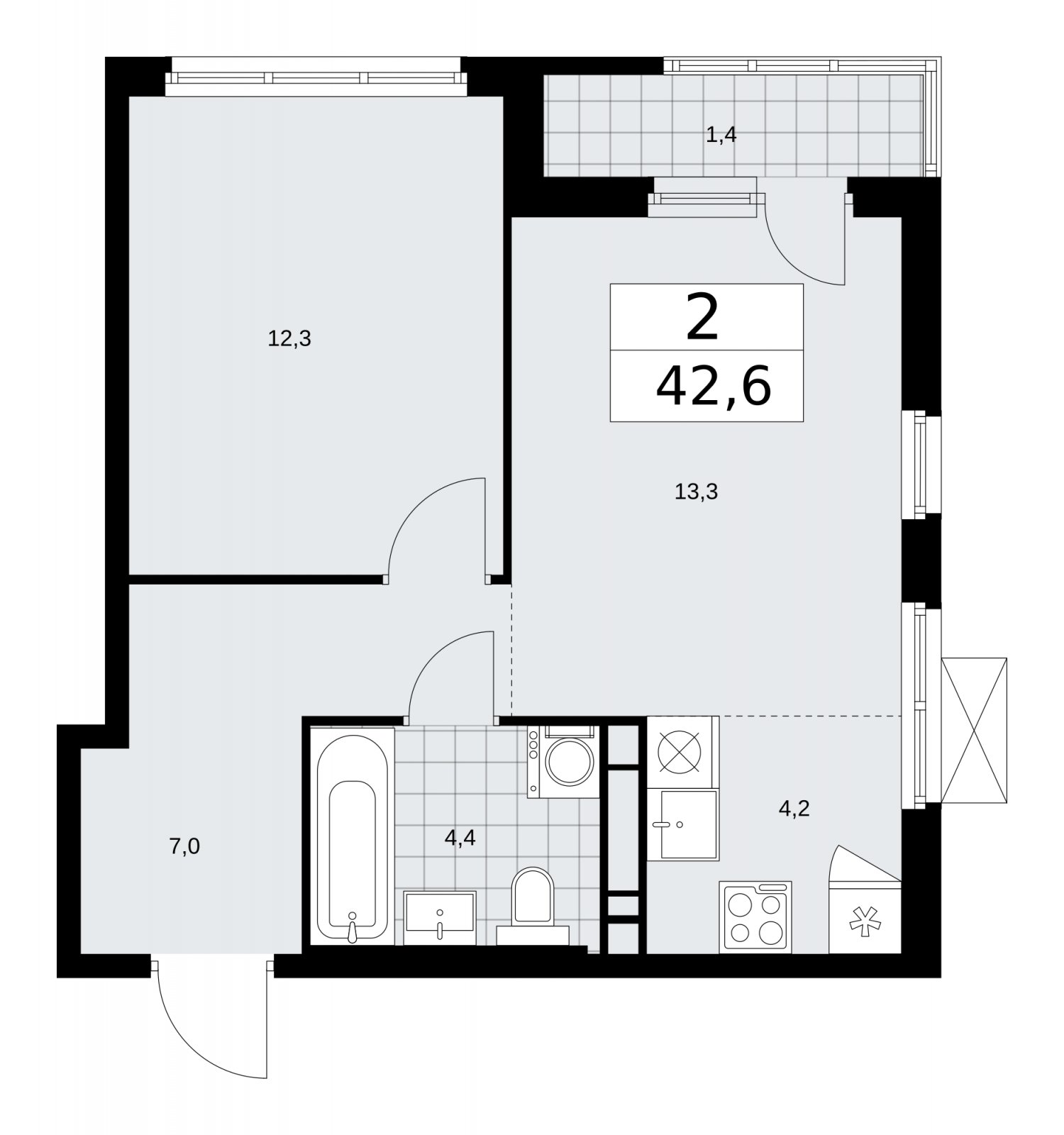 2-комнатная квартира (евро) без отделки, 42.6 м2, 9 этаж, сдача 4 квартал 2025 г., ЖК Прокшино, корпус 11.1.4 - объявление 2257820 - фото №1