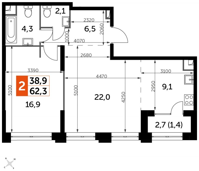 2-комнатная квартира с частичной отделкой, 62.3 м2, 26 этаж, сдача 1 квартал 2023 г., ЖК Sydney City, корпус 3 - объявление 1659684 - фото №1