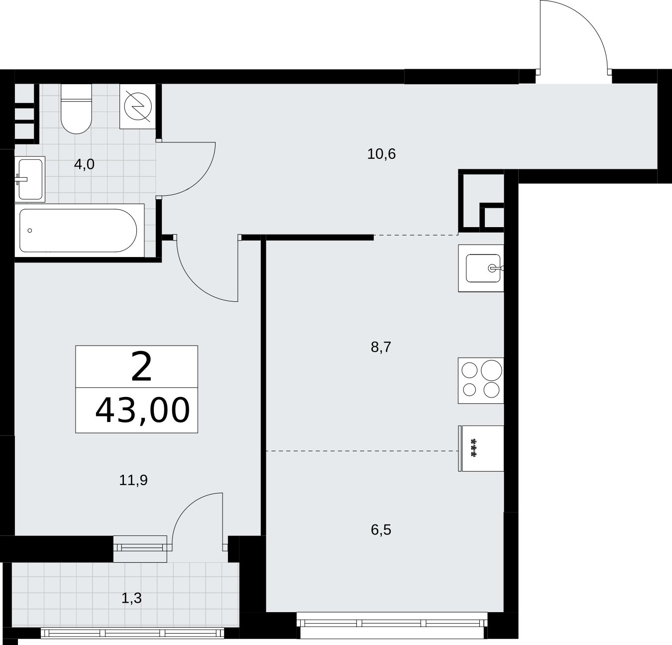 2-комнатная квартира (евро) с полной отделкой, 43 м2, 6 этаж, сдача 4 квартал 2026 г., ЖК Родные кварталы, корпус 3.3 - объявление 2378575 - фото №1