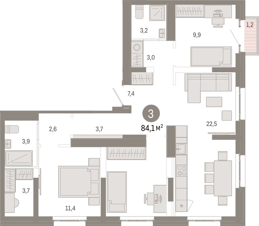 3-комнатная квартира с частичной отделкой, 84.1 м2, 15 этаж, сдача 3 квартал 2026 г., ЖК Квартал Метроном, корпус 1 - объявление 2300575 - фото №1