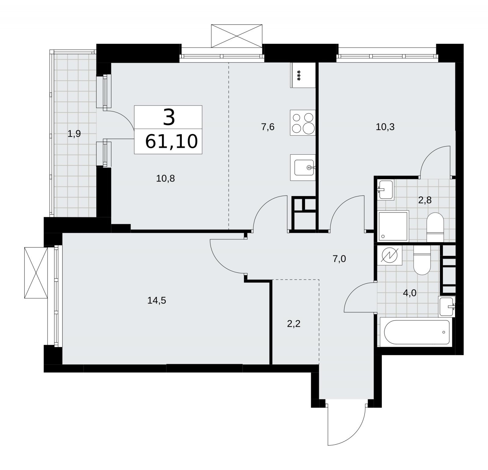 3-комнатная квартира (евро) с частичной отделкой, 61.1 м2, 13 этаж, сдача 4 квартал 2025 г., ЖК Скандинавия, корпус 28.3 - объявление 2202543 - фото №1