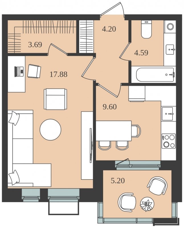 1-комнатная квартира без отделки, 42.56 м2, 2 этаж, сдача 1 квартал 2024 г., ЖК Мишино-2, корпус 10 - объявление 1812126 - фото №1