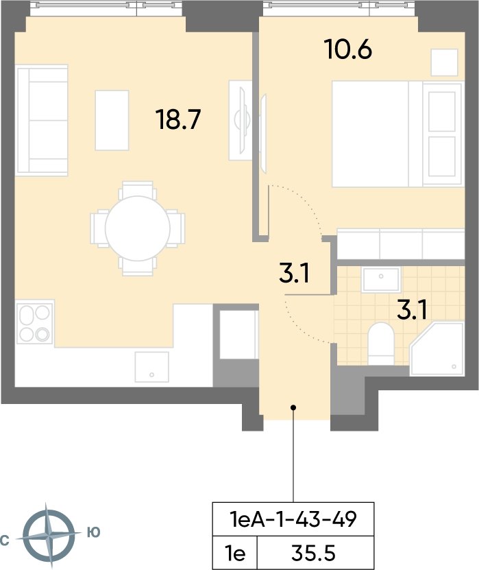 1-комнатная квартира 35.5 м2, 46 этаж, сдача 2 квартал 2026 г., ЖК WAVE, корпус 1 - объявление 2268900 - фото №1