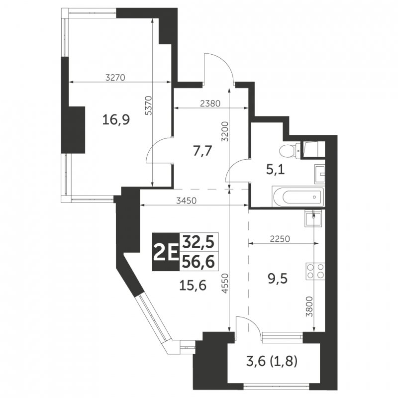 2-комнатная квартира с частичной отделкой, 56.6 м2, 19 этаж, сдача 4 квартал 2023 г., ЖК Архитектор, корпус 3 - объявление 1612648 - фото №1