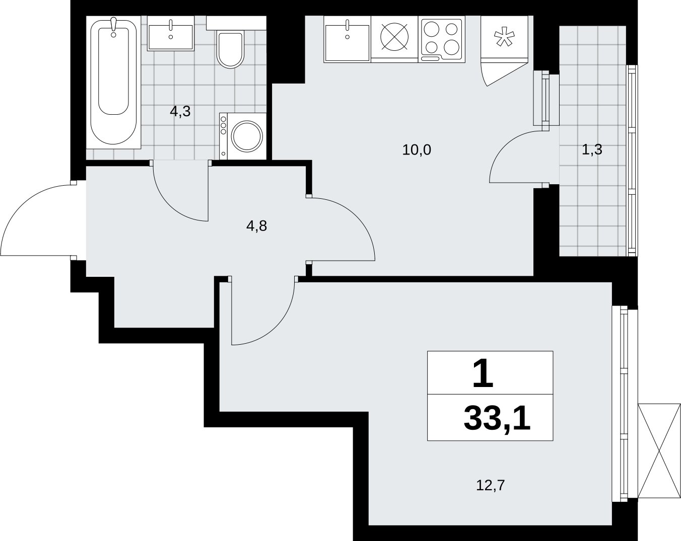 1-комнатная квартира без отделки, 33.1 м2, 7 этаж, сдача 2 квартал 2026 г., ЖК Бунинские кварталы, корпус 9.1 - объявление 2323571 - фото №1