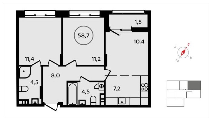 3-комнатная квартира (евро) без отделки, 58.7 м2, 3 этаж, сдача 3 квартал 2024 г., ЖК Скандинавия, корпус 2.22.2 - объявление 1625353 - фото №1