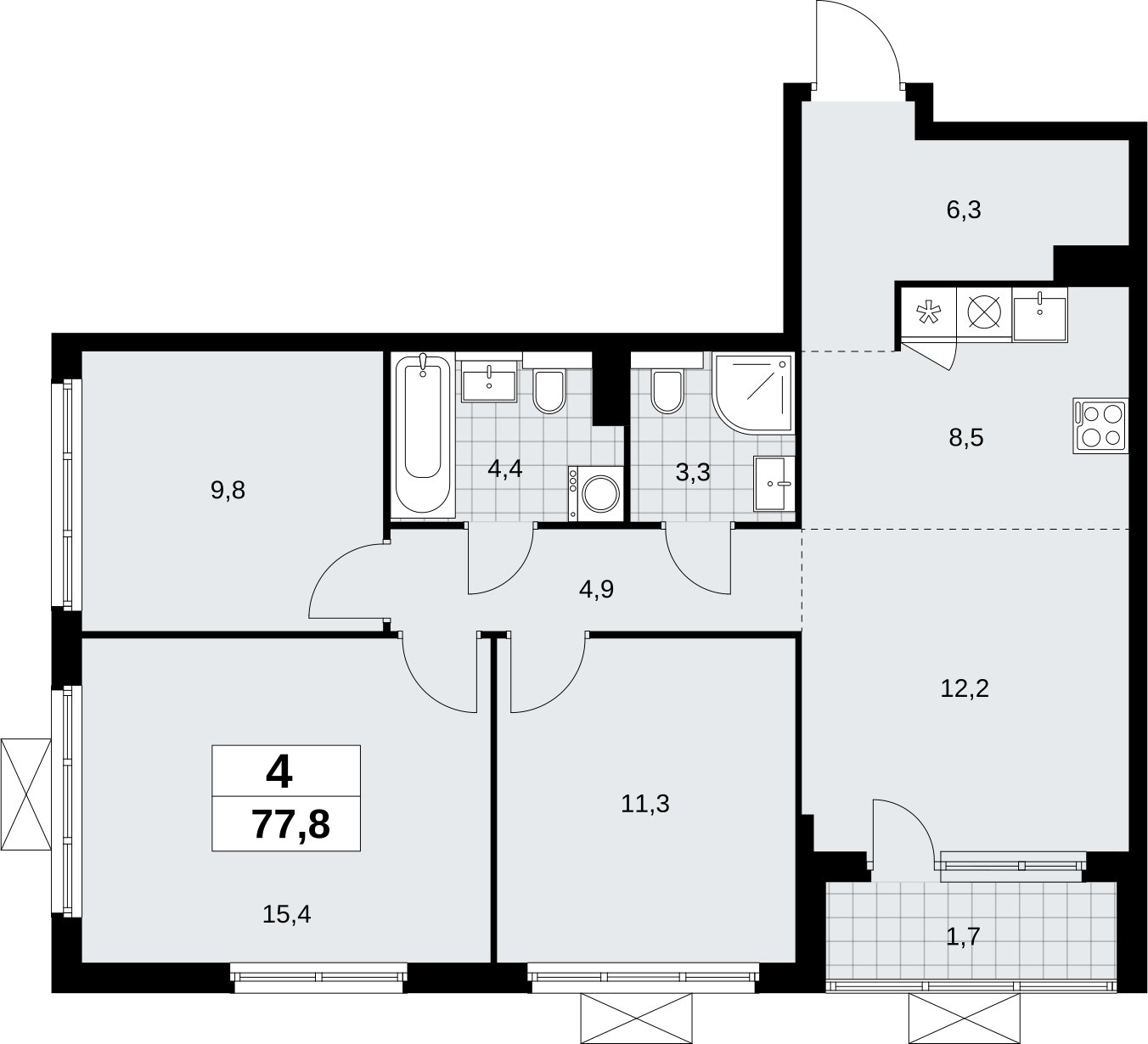 4-комнатная квартира (евро) без отделки, 77.8 м2, 16 этаж, сдача 2 квартал 2026 г., ЖК Бунинские кварталы, корпус 9.2 - объявление 2324279 - фото №1
