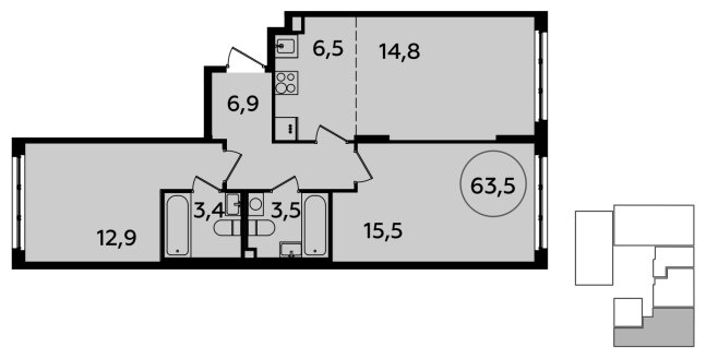 3-комнатная квартира (евро) с полной отделкой, 63.5 м2, 2 этаж, сдача 4 квартал 2023 г., ЖК Испанские кварталы, корпус 8.1 - объявление 1838788 - фото №1