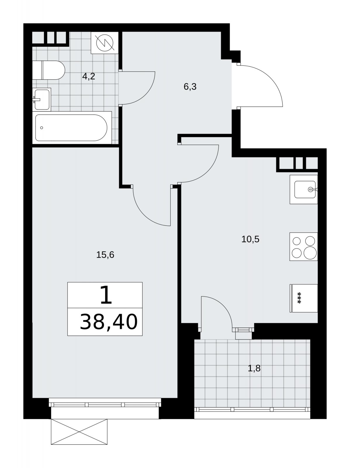 1-комнатная квартира с частичной отделкой, 38.4 м2, 5 этаж, сдача 4 квартал 2025 г., ЖК Бунинские кварталы, корпус 3.5 - объявление 2152149 - фото №1