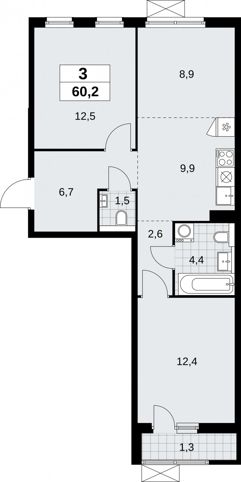 3-комнатная квартира (евро) без отделки, 60.2 м2, 6 этаж, сдача 2 квартал 2026 г., ЖК Бунинские кварталы, корпус 9.1 - объявление 2323968 - фото №1
