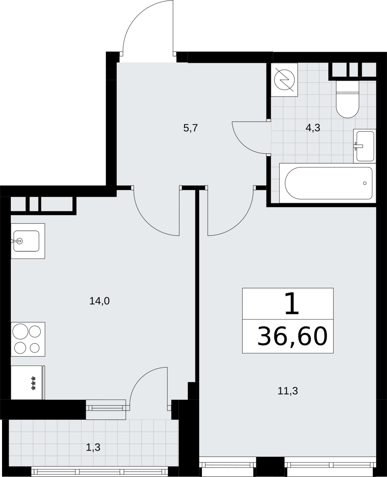 1-комнатная квартира без отделки, 36.6 м2, 7 этаж, сдача 3 квартал 2026 г., ЖК Родные кварталы, корпус 3.1 - объявление 2378290 - фото №1