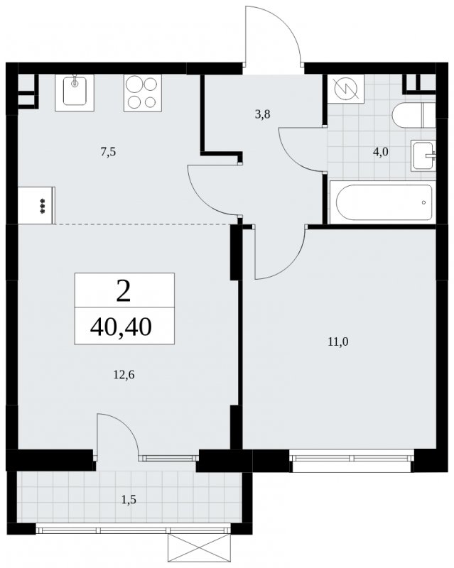 2-комнатная квартира (евро) без отделки, 40.4 м2, 3 этаж, сдача 1 квартал 2025 г., ЖК Дзен-кварталы, корпус 1.4 - объявление 1896122 - фото №1