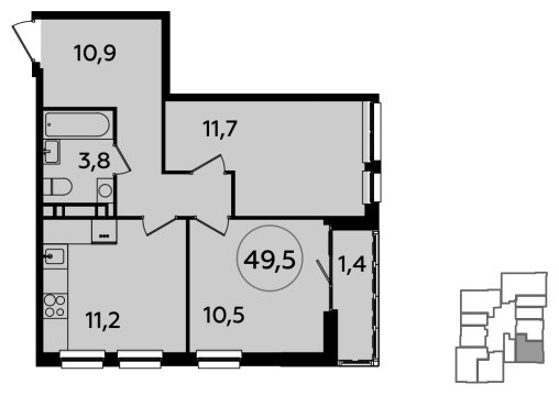 2-комнатная квартира без отделки, 49.5 м2, 22 этаж, сдача 1 квартал 2024 г., ЖК Южные сады, корпус 1.3 - объявление 1512425 - фото №1