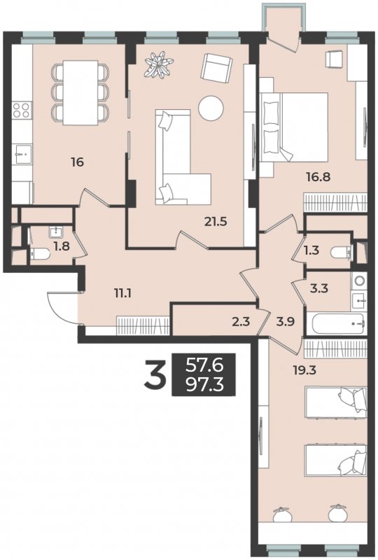 3-комнатная квартира 97.3 м2, 7 этаж, дом сдан, ЖК Лефорт, корпус 3 - объявление 1873529 - фото №1