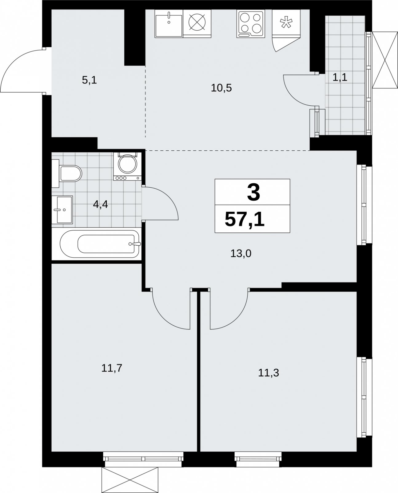 3-комнатная квартира (евро) без отделки, 57.1 м2, 11 этаж, сдача 2 квартал 2026 г., ЖК Дзен-кварталы, корпус 6.1.1 - объявление 2327194 - фото №1