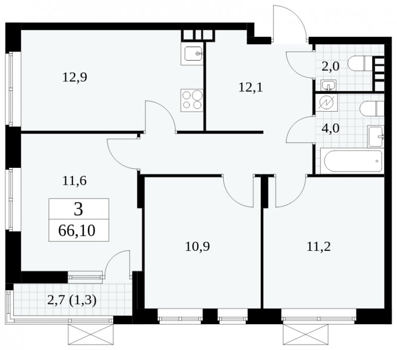 3-комнатная квартира без отделки, 66.1 м2, 6 этаж, сдача 1 квартал 2025 г., ЖК Прокшино, корпус 5.2.5 - объявление 1900857 - фото №1