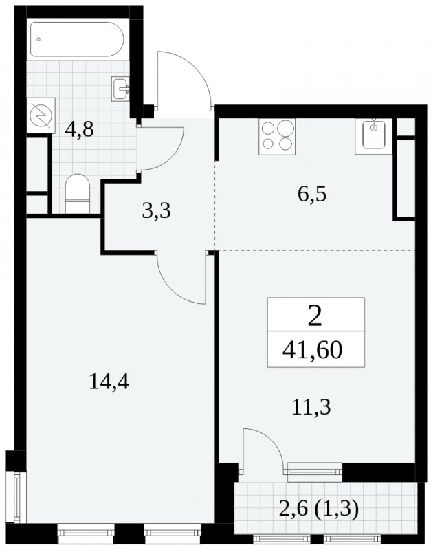 2-комнатная квартира (евро) с частичной отделкой, 41.6 м2, 8 этаж, сдача 2 квартал 2025 г., ЖК Южные сады, корпус 2.1 - объявление 1759893 - фото №1