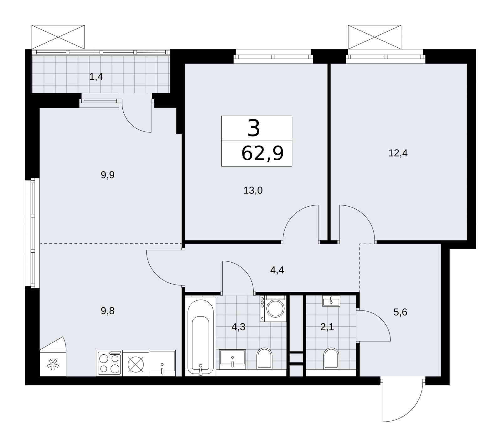 3-комнатная квартира (евро) без отделки, 62.9 м2, 6 этаж, сдача 1 квартал 2026 г., ЖК Прокшино, корпус 11.2.1 - объявление 2356744 - фото №1