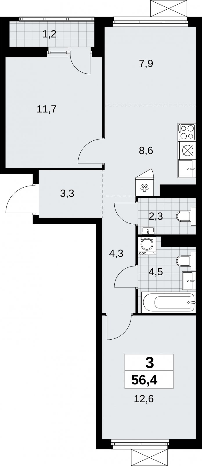 3-комнатная квартира (евро) без отделки, 56.4 м2, 11 этаж, сдача 1 квартал 2026 г., ЖК Дзен-кварталы, корпус 6.2.1 - объявление 2328441 - фото №1