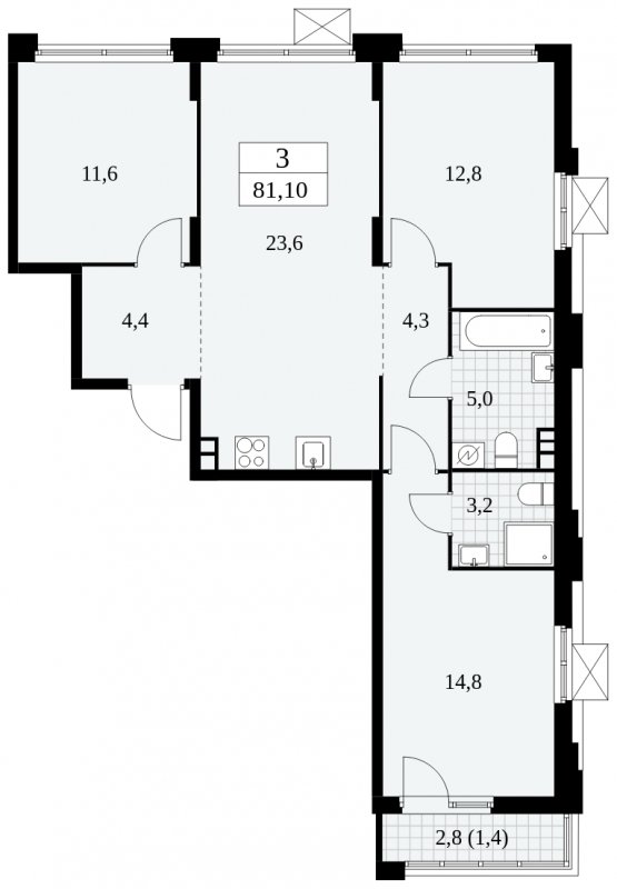 3-комнатная квартира без отделки, 81.1 м2, 3 этаж, сдача 4 квартал 2024 г., ЖК Скандинавия, корпус 2.27.3 - объявление 1840458 - фото №1