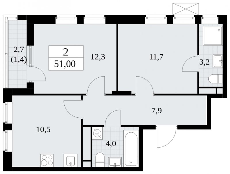 2-комнатная квартира без отделки, 51 м2, 14 этаж, сдача 1 квартал 2025 г., ЖК Прокшино, корпус 5.1.3 - объявление 1810570 - фото №1