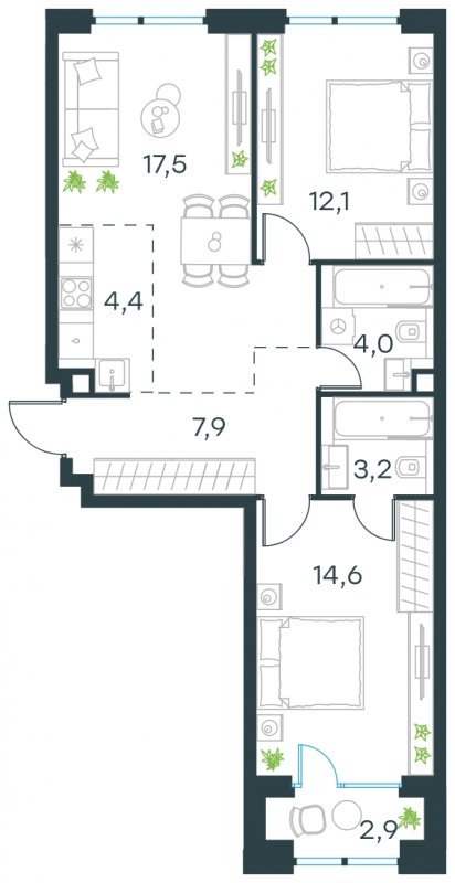 3-комнатная квартира (евро) без отделки, 65.1 м2, 3 этаж, сдача 4 квартал 2024 г., ЖК Level Мичуринский, корпус 6 - объявление 1635423 - фото №1