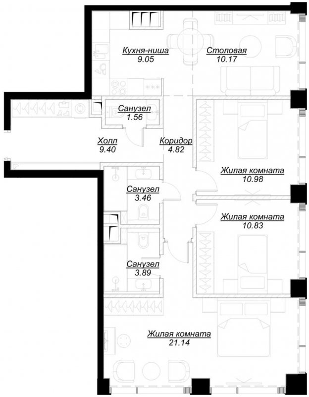 3-комнатная квартира с частичной отделкой, 85.3 м2, 43 этаж, сдача 4 квартал 2024 г., ЖК MOD, корпус Mod.D - объявление 1788495 - фото №1