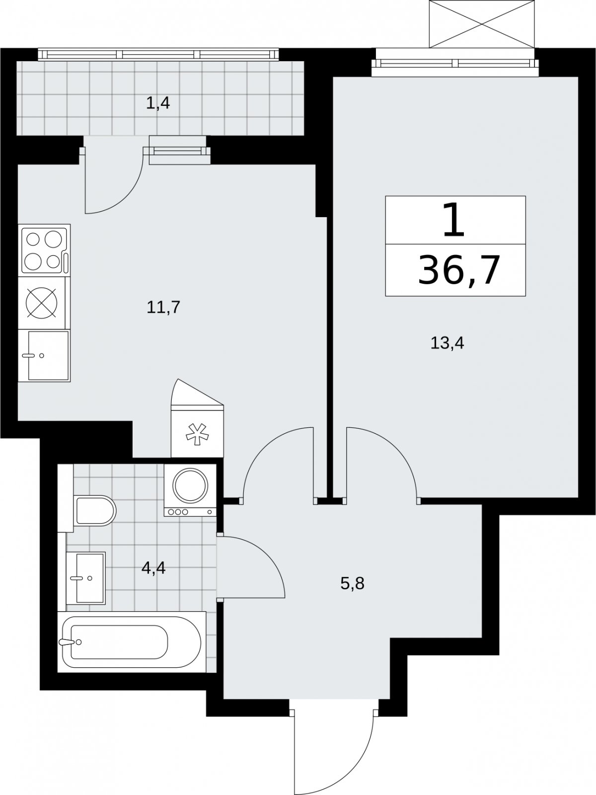 1-комнатная квартира без отделки, 36.7 м2, 4 этаж, сдача 2 квартал 2026 г., ЖК Бунинские кварталы, корпус 7.3 - объявление 2313762 - фото №1